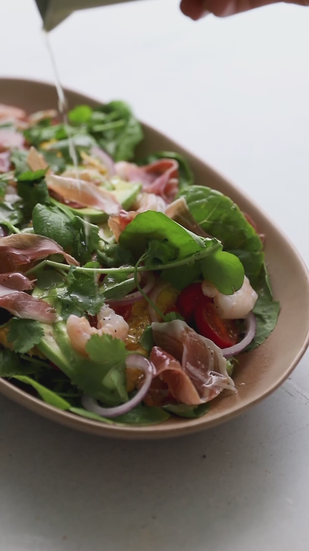 Pickled Prawn, Sweetcorn, Avocado and Prosciutto Salad with Summer Greens