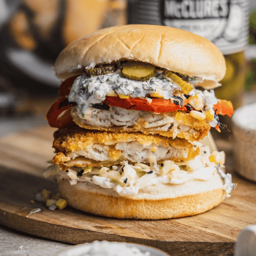 Fish & Pickle Burgers with Tzatziki and Sesame Slaw - Cook & Nelson